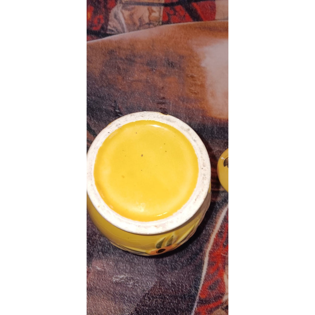 Vintage Hand Painted Yellow Jar With Fruit And Lid