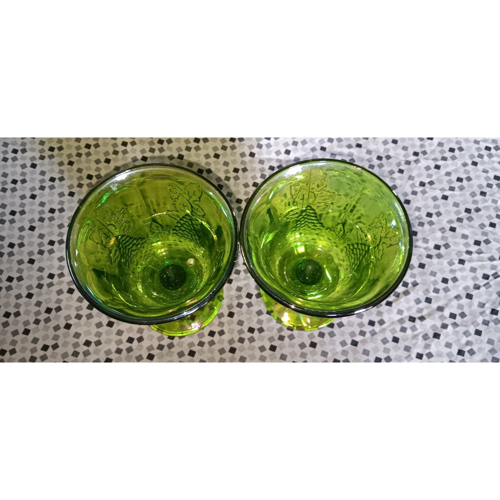 Vintage Indiana Harvest Grapes Carnival Glass Goblets Iridescent Green