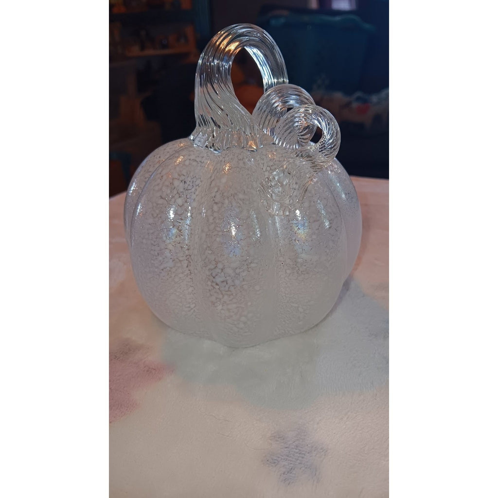 Blown Art Glass White Speckle Halloween Thanksgiving Pumpkin 5” X 4.5”