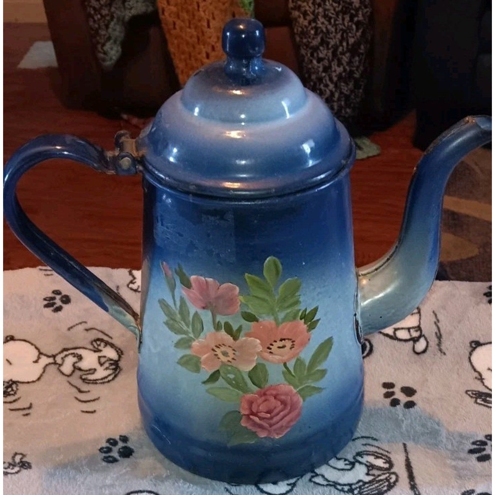 Vintage French Enamelware Cobalt Blue Handpainted Flowers Teapot 1920's Enamel