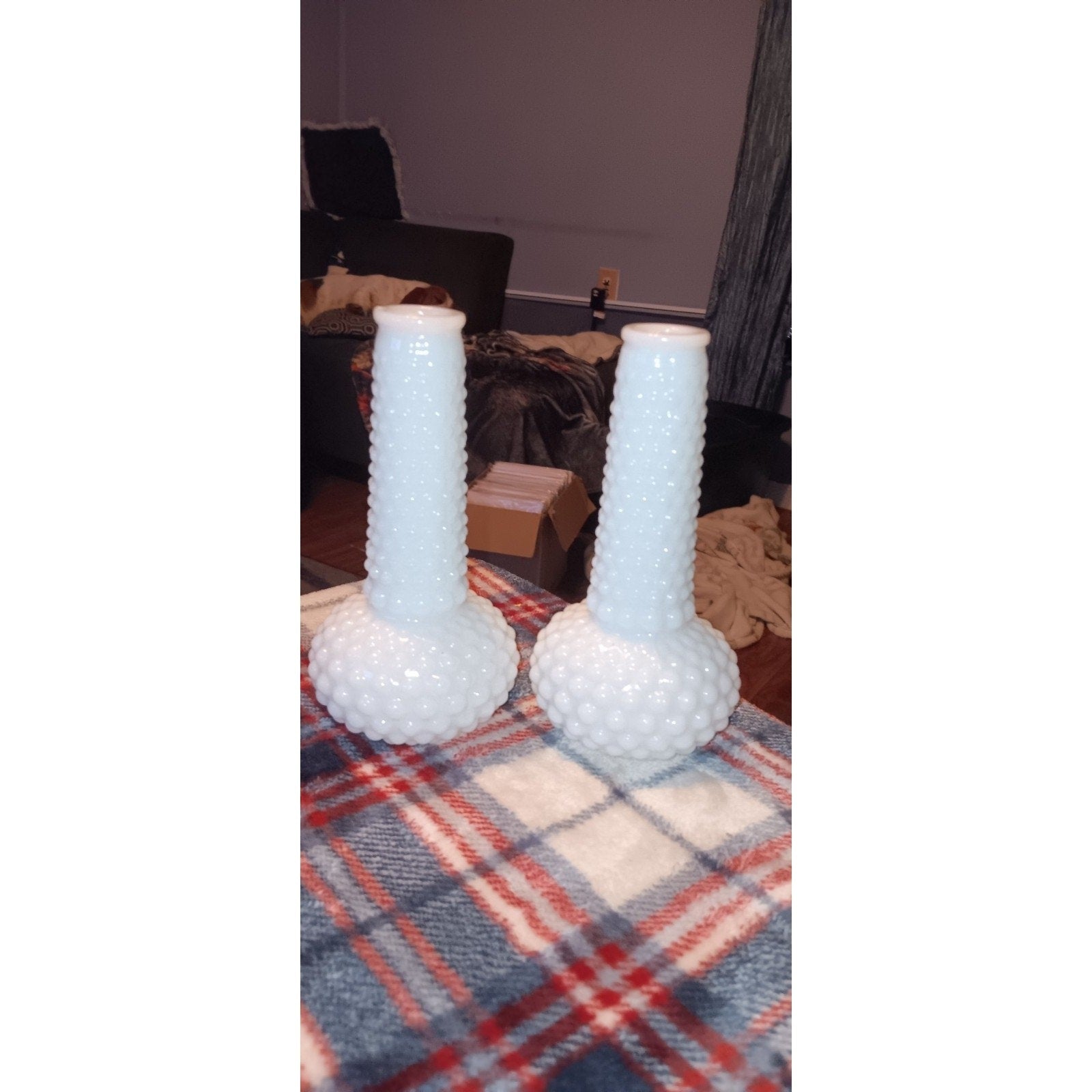Vintage Milk Glass Hobnail Bud Vases Lot Of 2 Very Nice