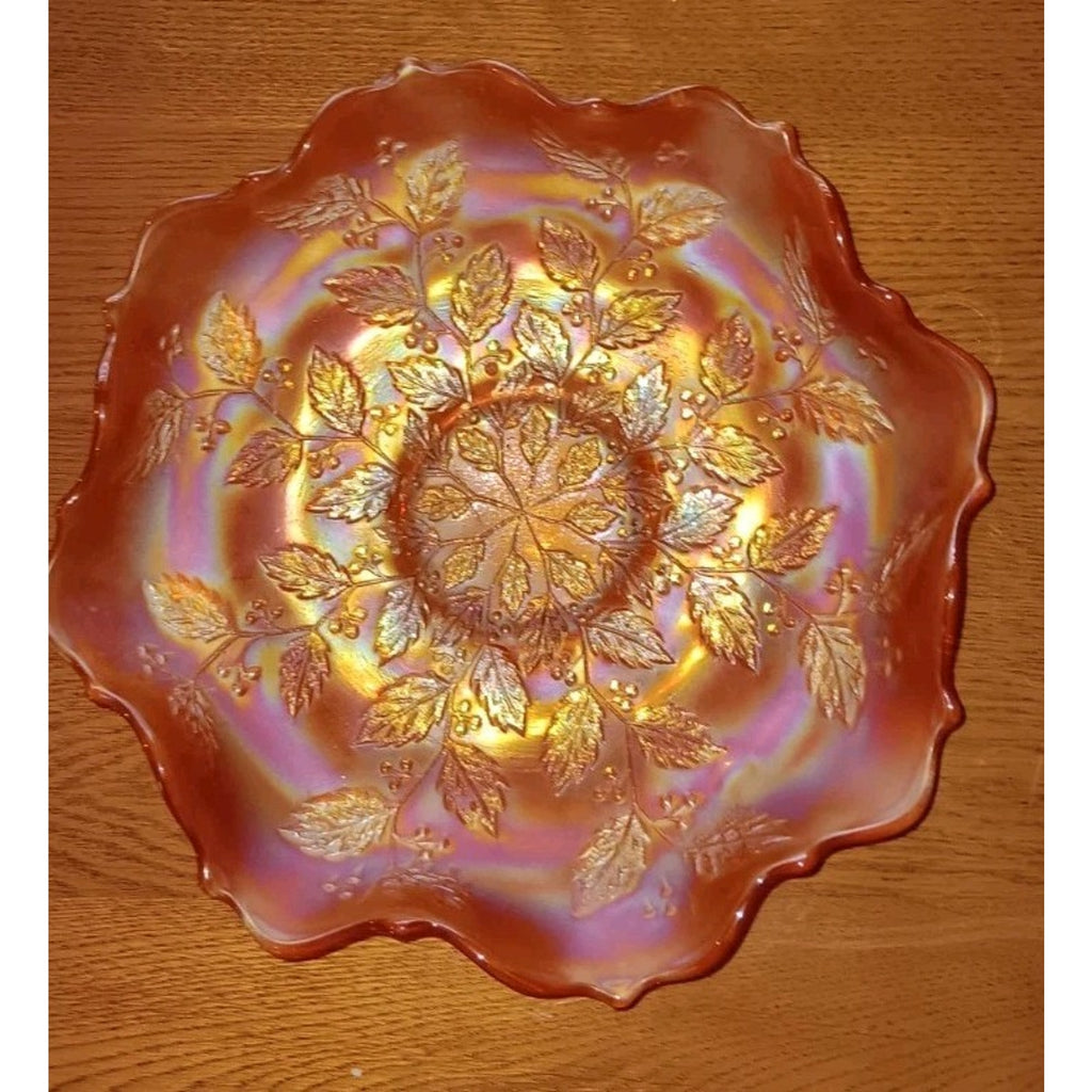 VINTAGE FENTON MARIGOLD CARNIVAL GLASS HOLLY PATTERN RUFFLED BOWL 8”