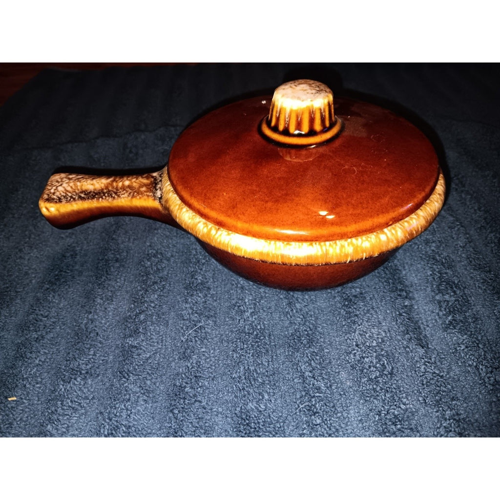 Hull Pottery Oven Proof USA Brown Drip Glaze Soup Bowl Cover Handled Ramekin Vtg