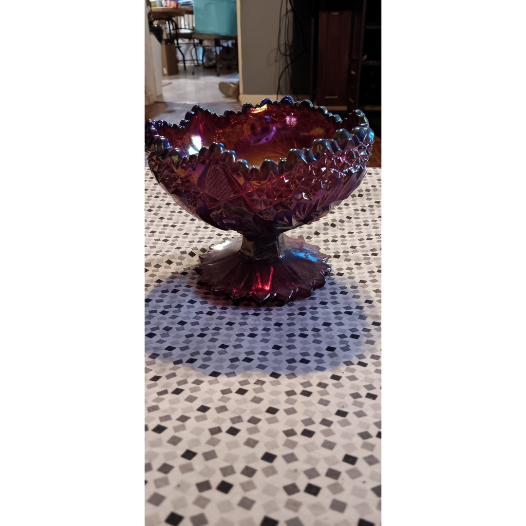 Fenton Ruby Red Glass Carnival Pinwheel Iridescent Sawtooth Edge Candy Bowl Art