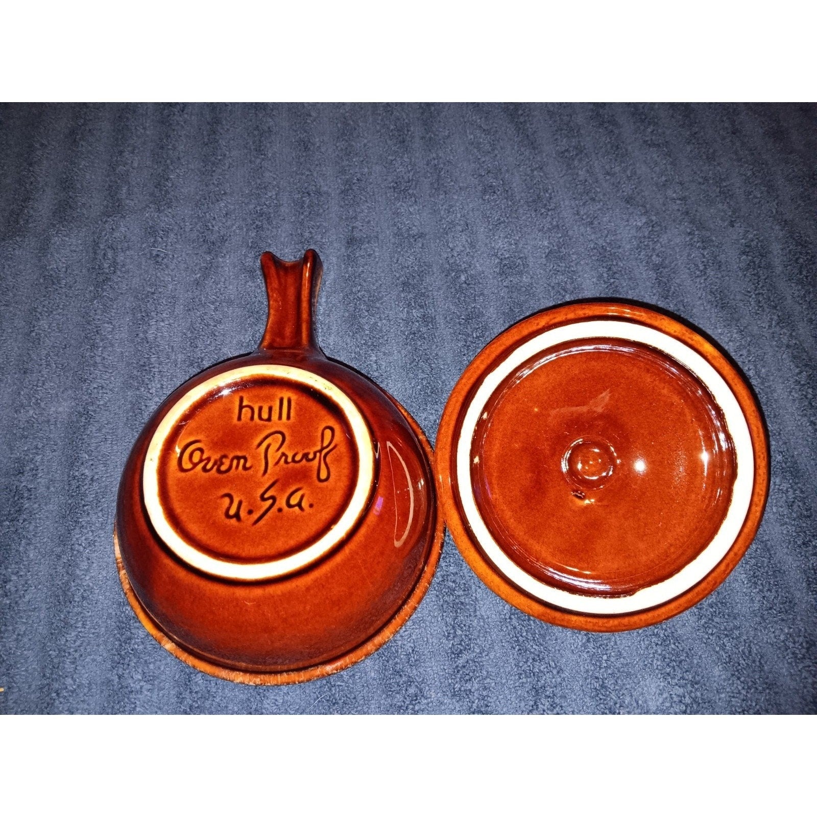 Hull Pottery Oven Proof USA Brown Drip Glaze Soup Bowl Cover Handled Ramekin Vtg