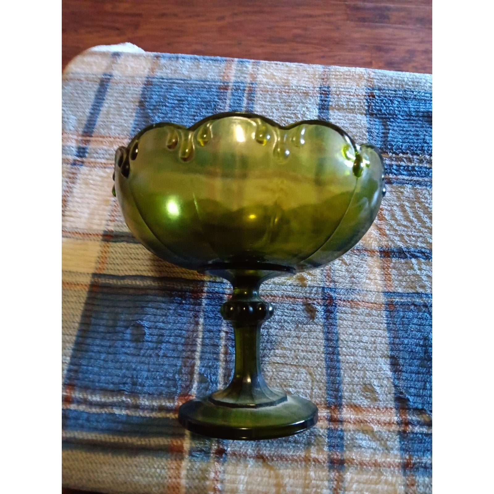 Indiana Glass Avocado / Olive Green Pedestal Teardrop Glass Compote Fruit Bowl