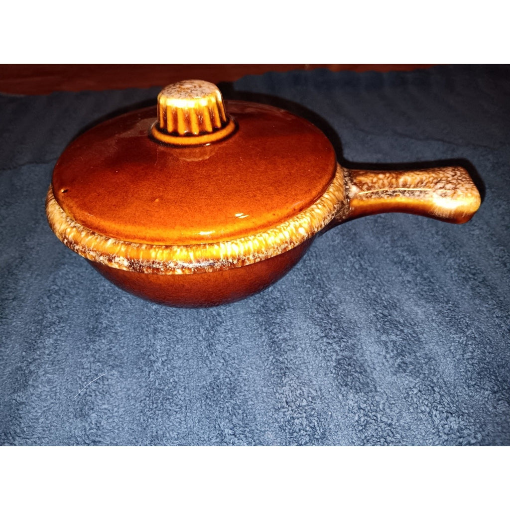 Hull Pottery Oven Proof USA Brown Drip Glaze Soup Bowl Cover Handled Ramekin Vtg