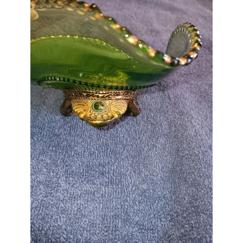 Lot Of 2 Emerald Colorado Greed Lacy Medallion Dish And Wavy Trinket Dish