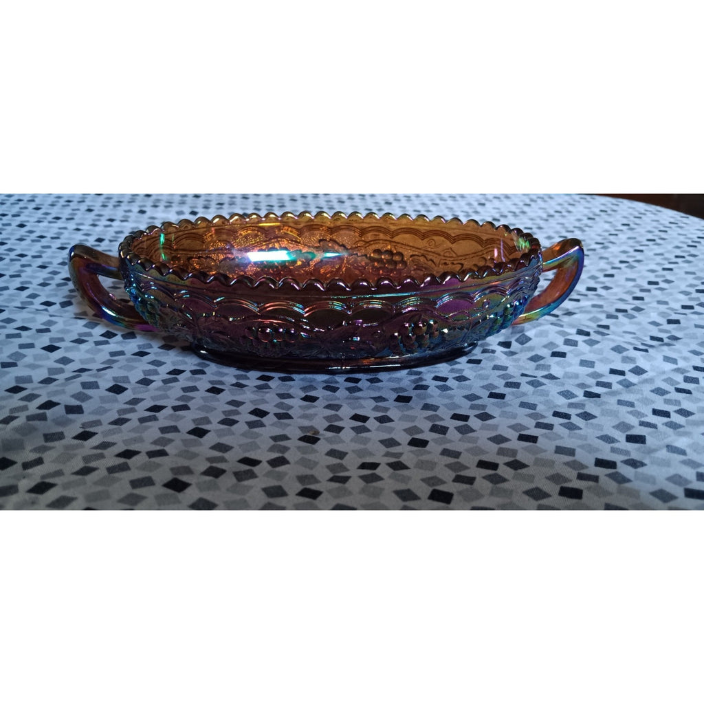 Vintage Imperial Grape Cable Carnival Glass Oval Handled Saw Tooth Rim Bowl