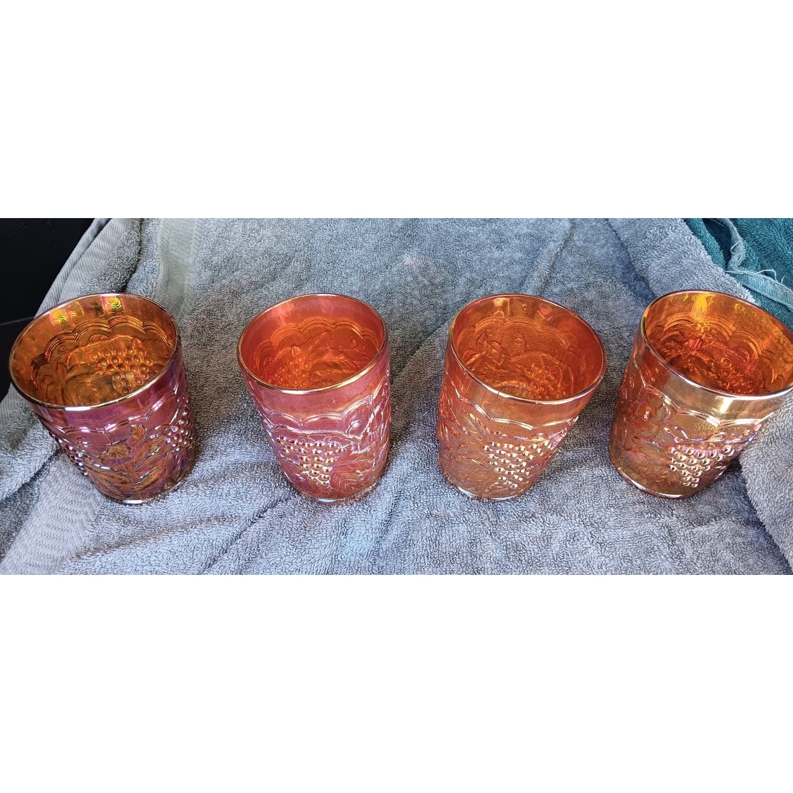 Vintage Joe St. Clair Carnival Glass Lot Grape & Cable Tumbler Set Of 5 Marigold