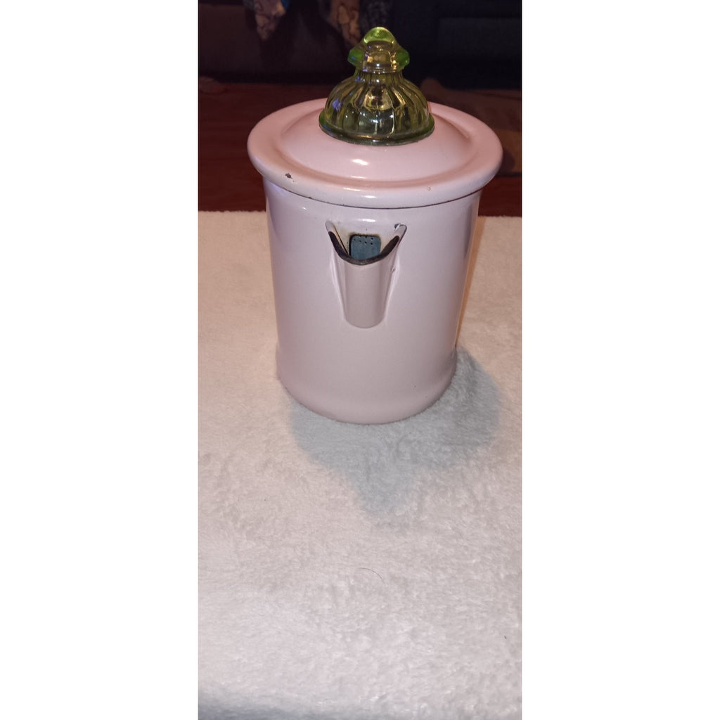 Rare Light Pink & Black Enamelware Coffee Pot W/ Green uranium glass Percolator