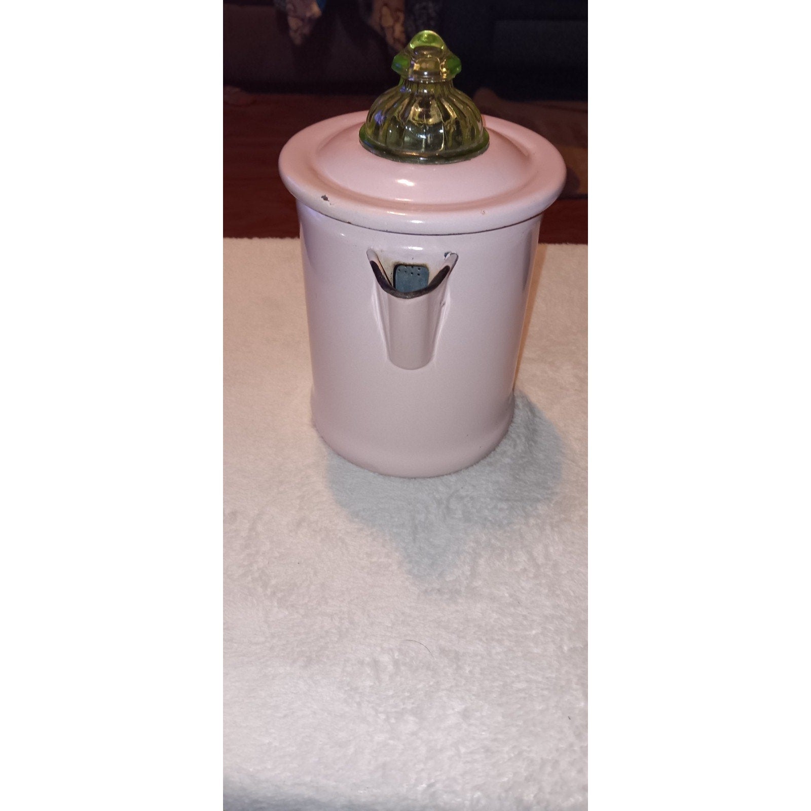 Rare Light Pink & Black Enamelware Coffee Pot W/ Green uranium glass Percolator