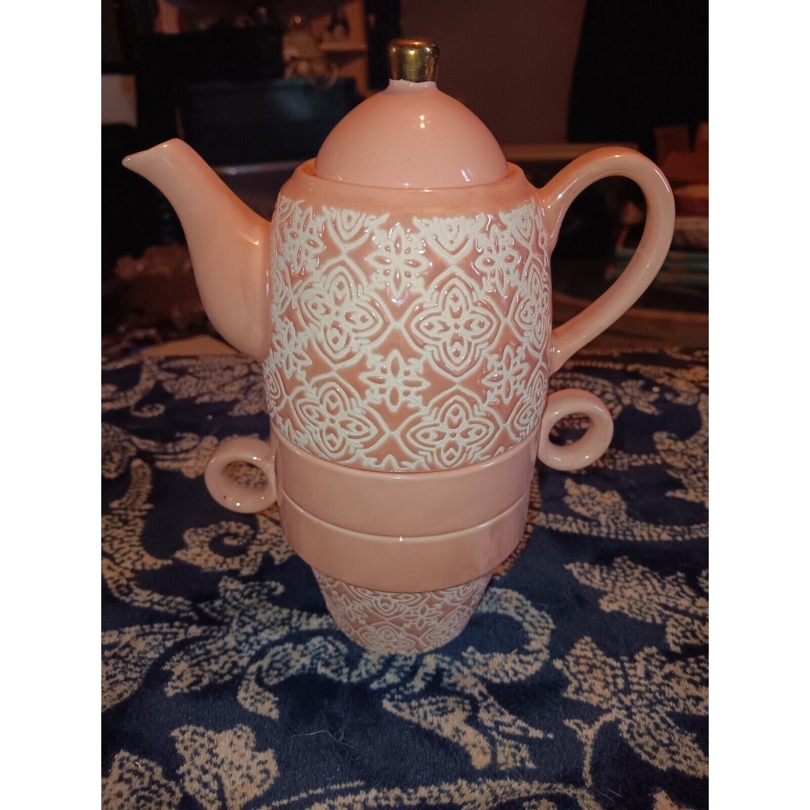Pinky Up ~ Tea for Two Set in Pink and White Teapot Mugs Ceramic