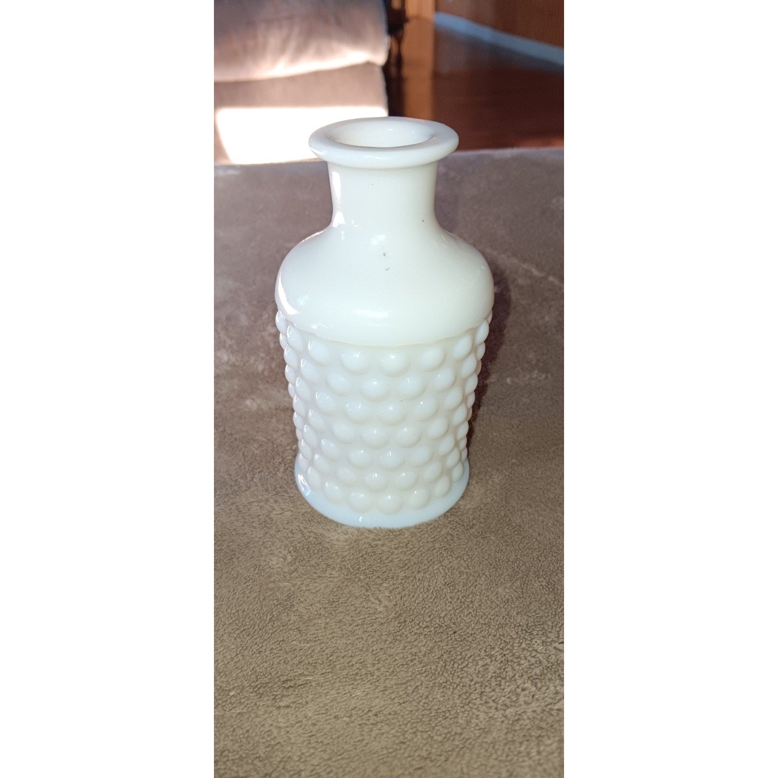 Unique Vintage Milk Glass Hobnail Round Bud Vase 5 in High Grade Condition