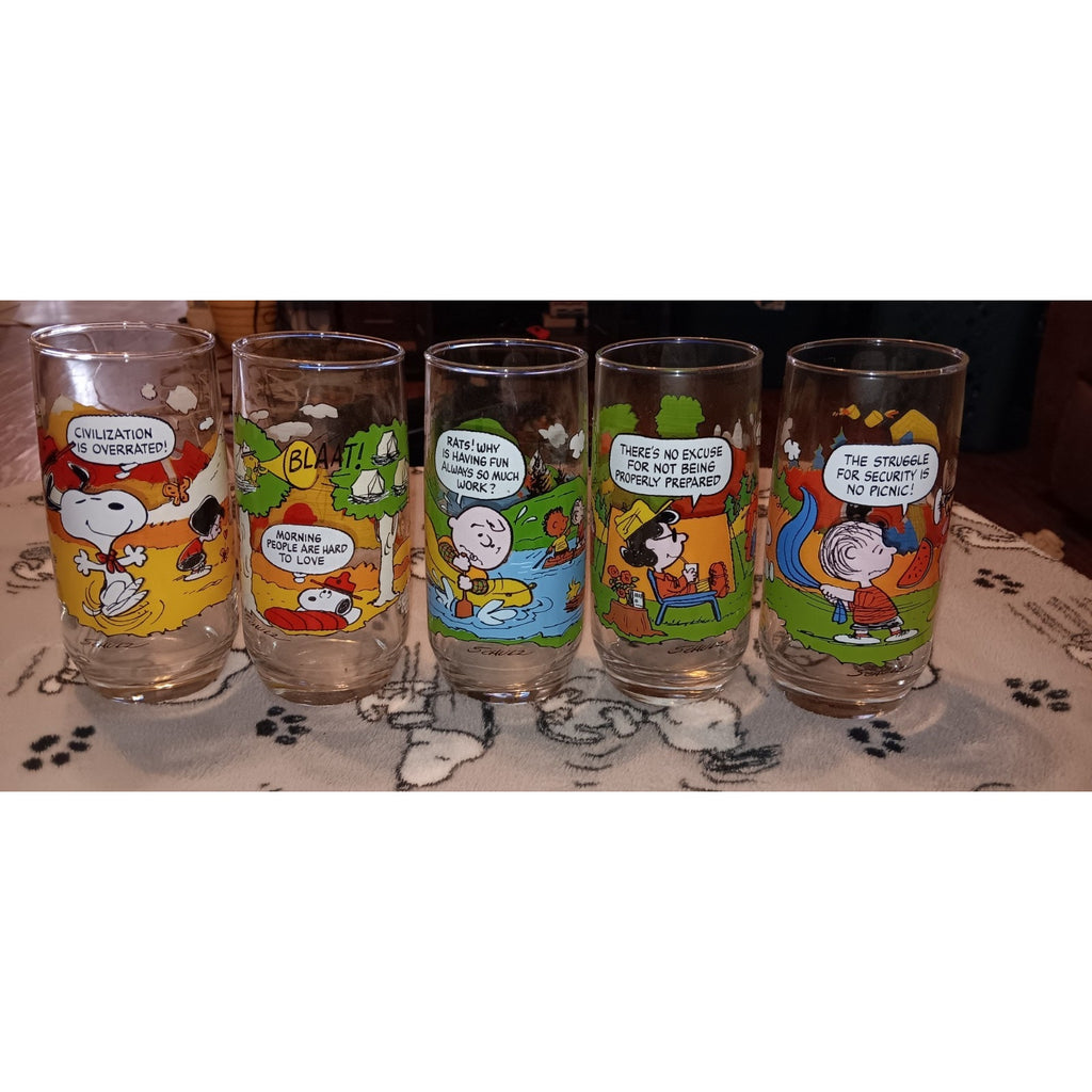 Complete Set Of (5) Vintage Camp Snoopy McDonalds Promo Glasses Nice 1983