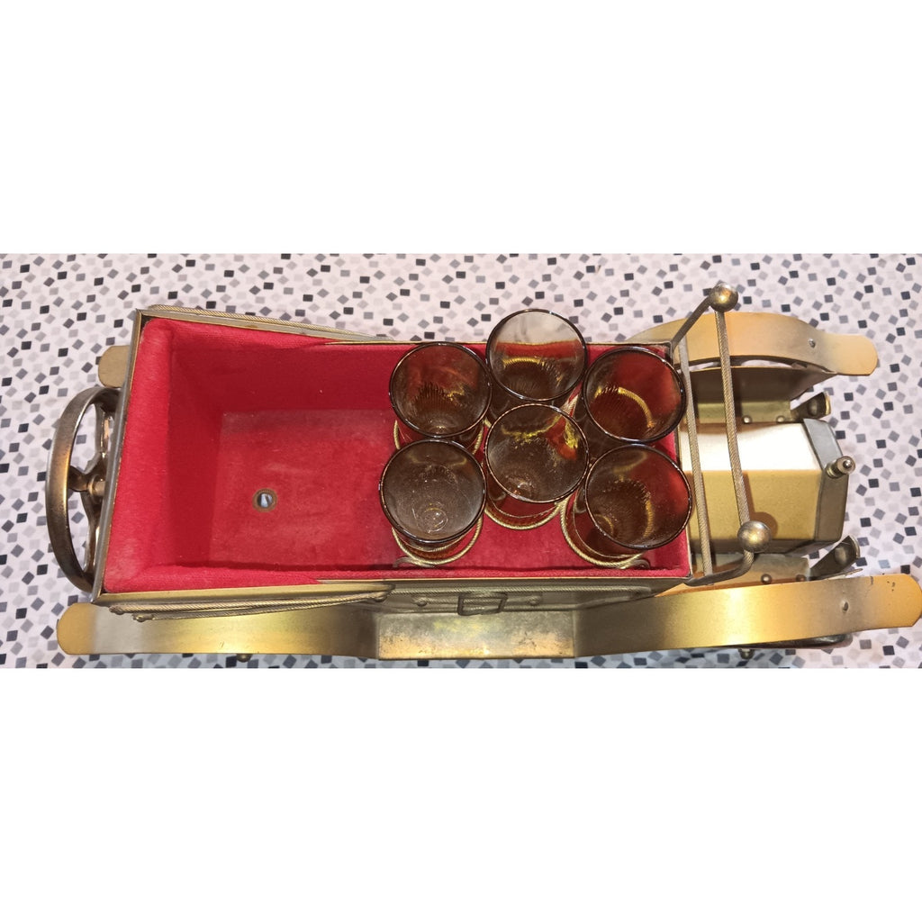 VTG Golden Crown Metal Model T Music Box Bar Car Decanter Set w/ Amber Glass