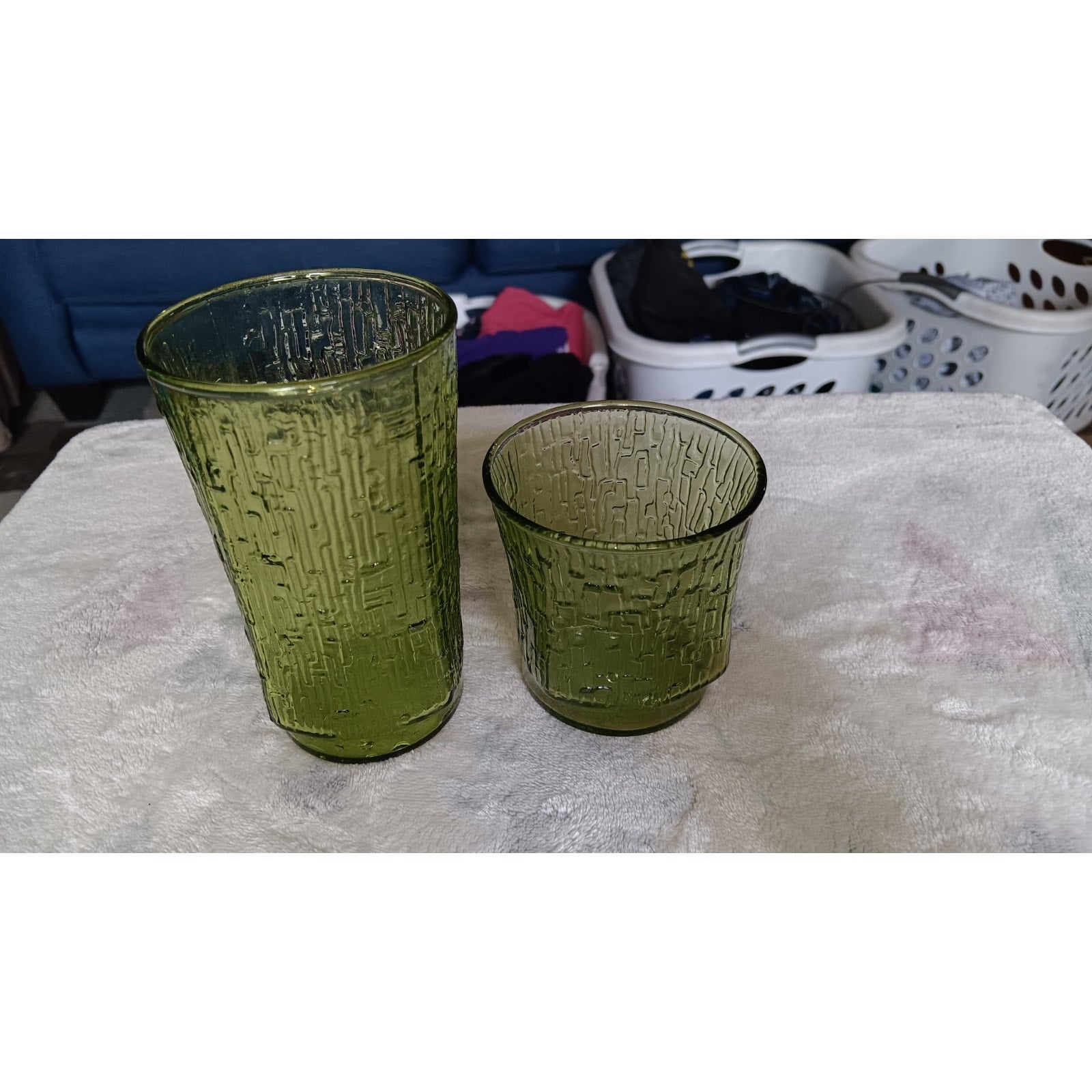 Lot Of 2 Vtg. Anchor Hocking Pagoda Avocado Green Juice Glass, 8 oz And 4 oz