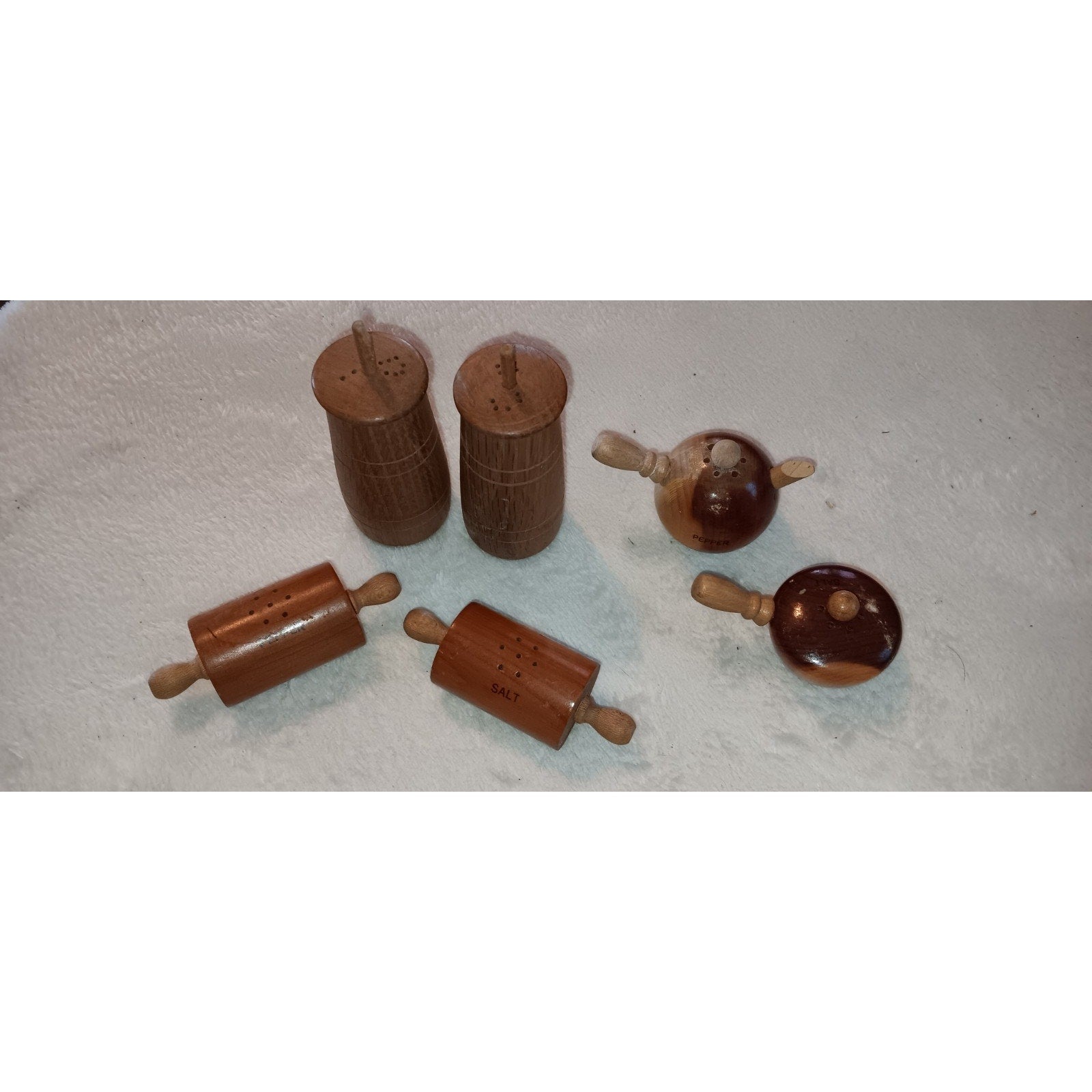 Vintage Wooden Butter Churn, Rolling Pin, And Tea Pot And Pan S&P Shakers Lot