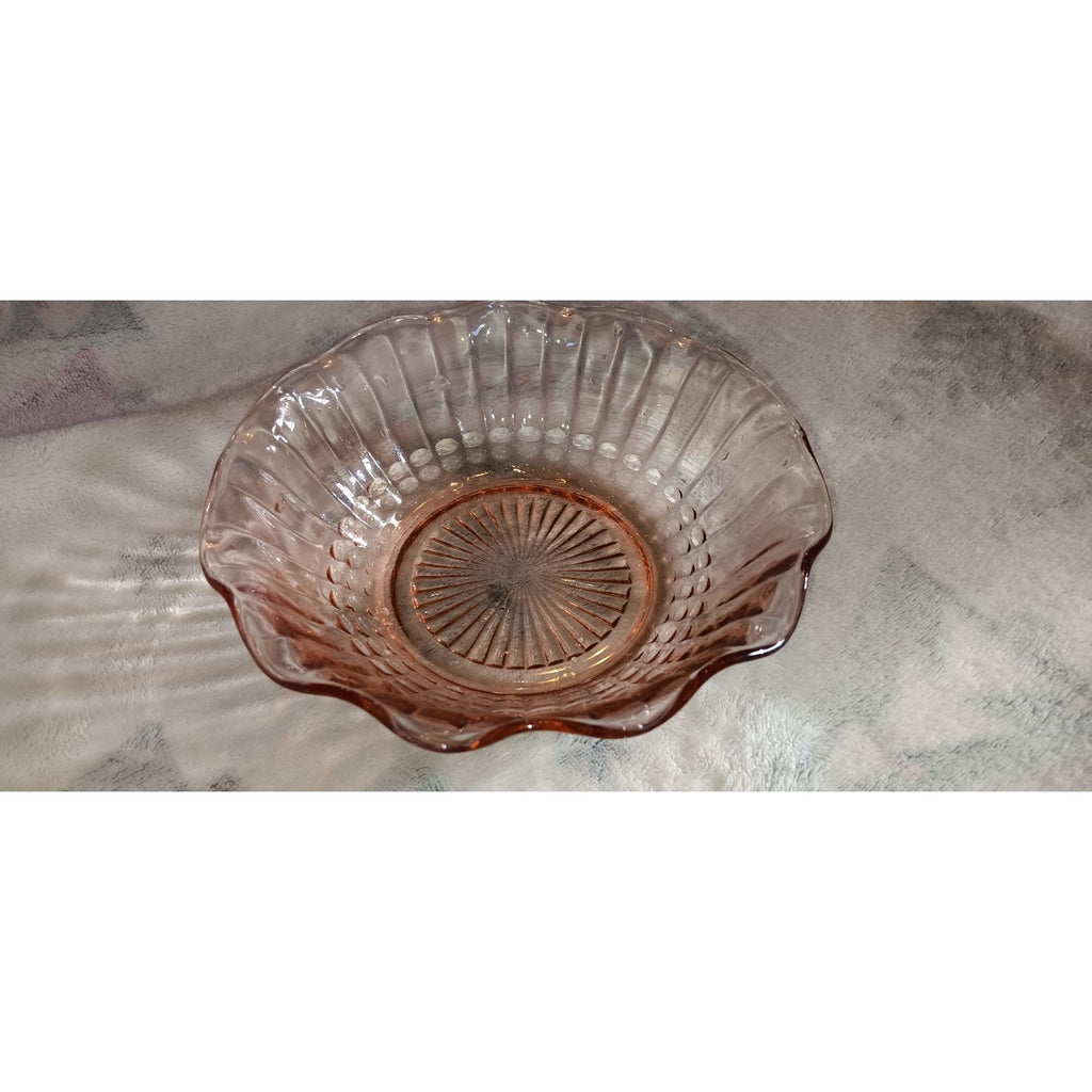 Pink Pressed Depression Glass Small Bowl Candy Dish Ruffled Edges Raised Designs