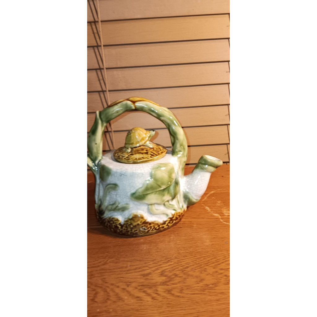 Ceramic Majolica Turtle Teapot With Lid Rare No Chips Beautiful Piece