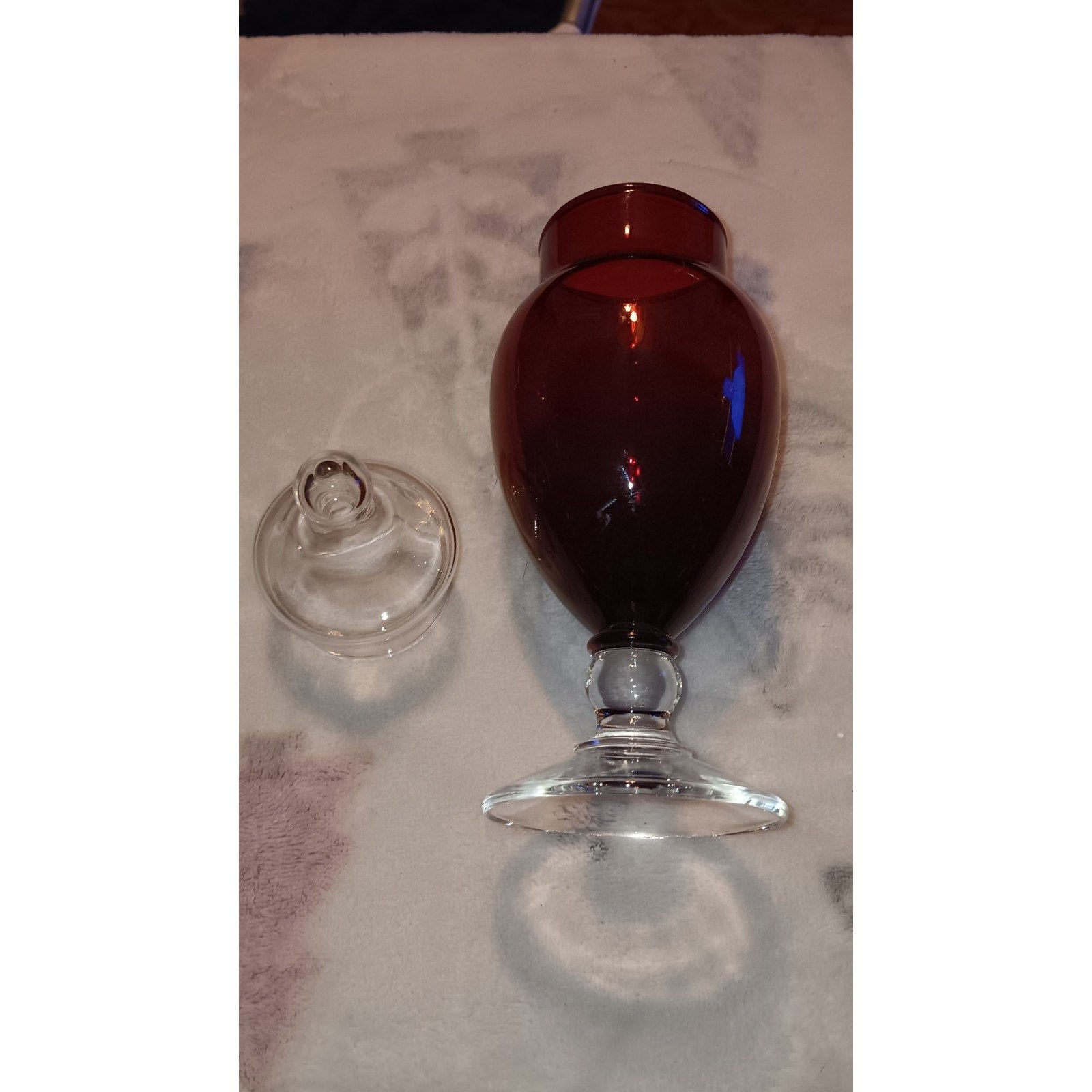 Vintage Red Empoli Italy Glass Apothecary Candy Dish Circus Tent Jar Lid 8.5”