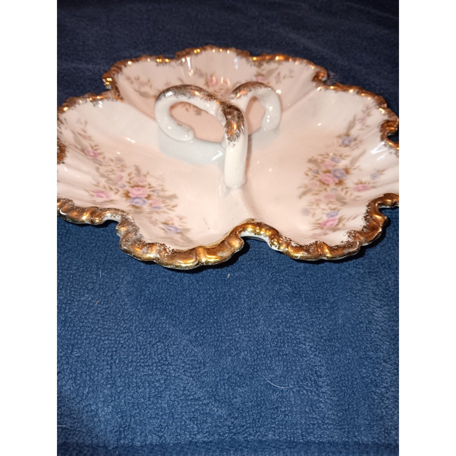 Lefton Hand Painted 3 Handled Divided Candy Dish Pink Blue Roses Gold Trim 7056