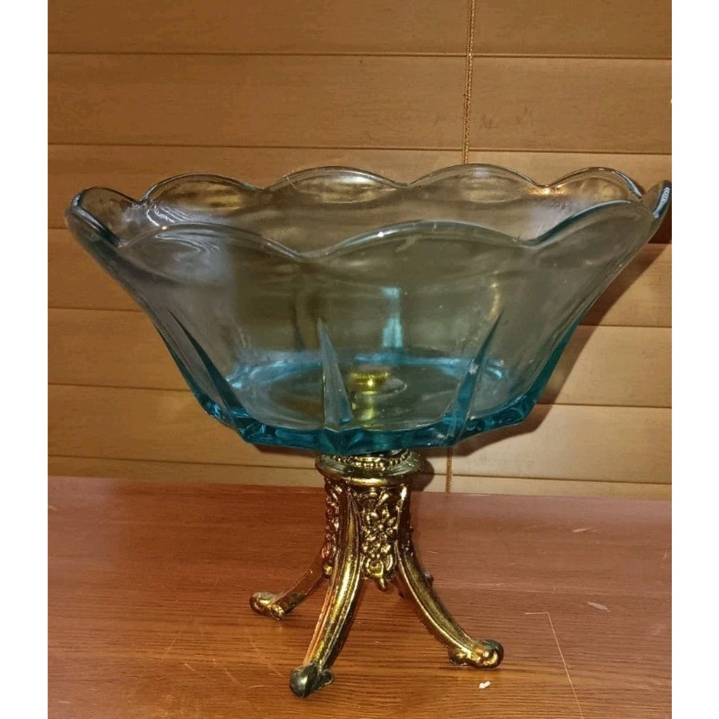 Vintage L L WMC Glass Blue Moon Stars Brass Pedestal 1970 Centerpiece Candy Bowl