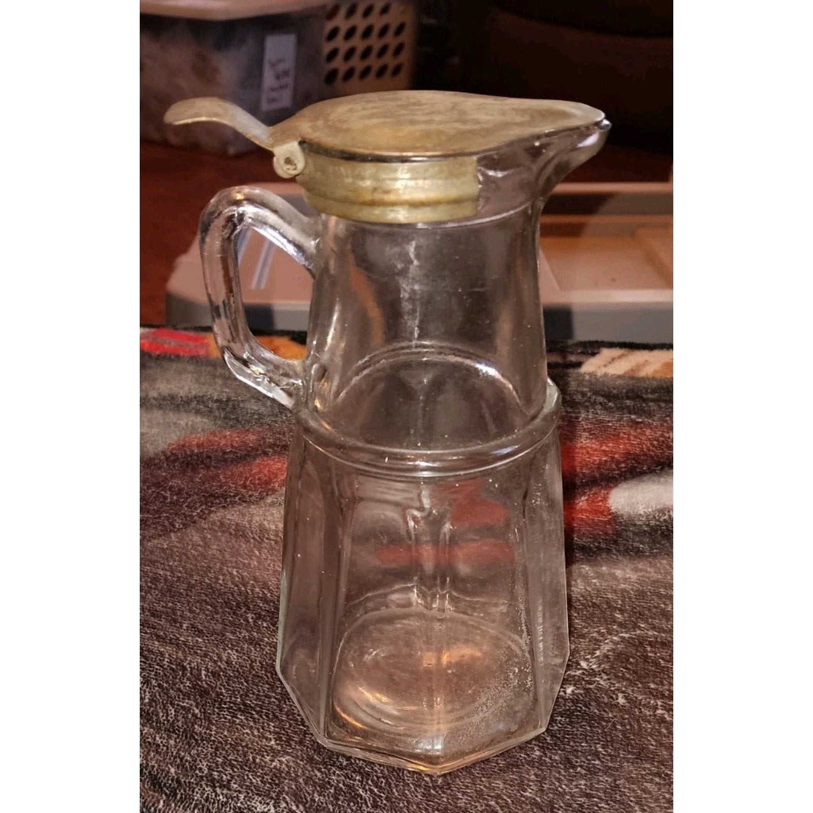 Antique 6" Tall Glass Syrup Pitcher with Spring-Loaded Metal Lid