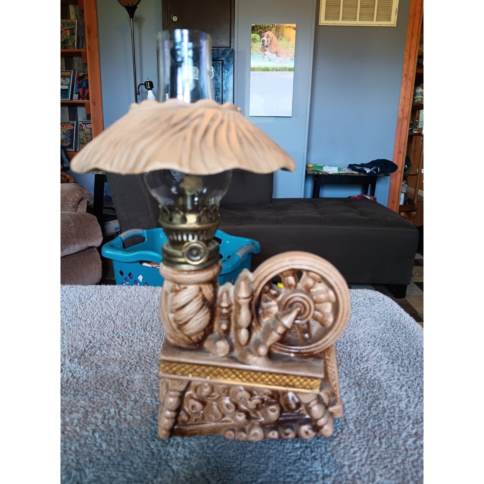 mid century ceramic spinning wheel oil lamp Great Condition Rare Unique Piece