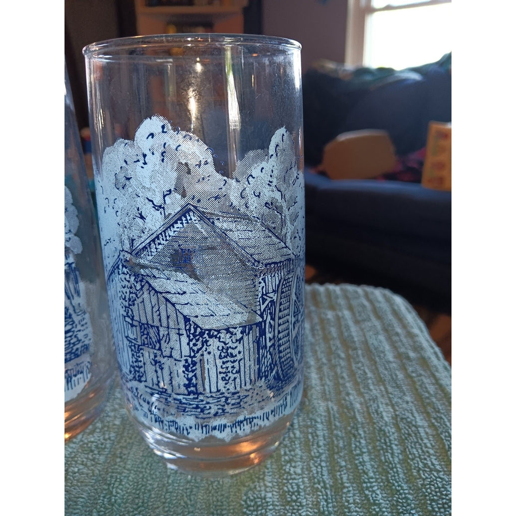Rare Blue Water Wheel Country Glass Tumbler Set Of 4 - Vintage Great Condition