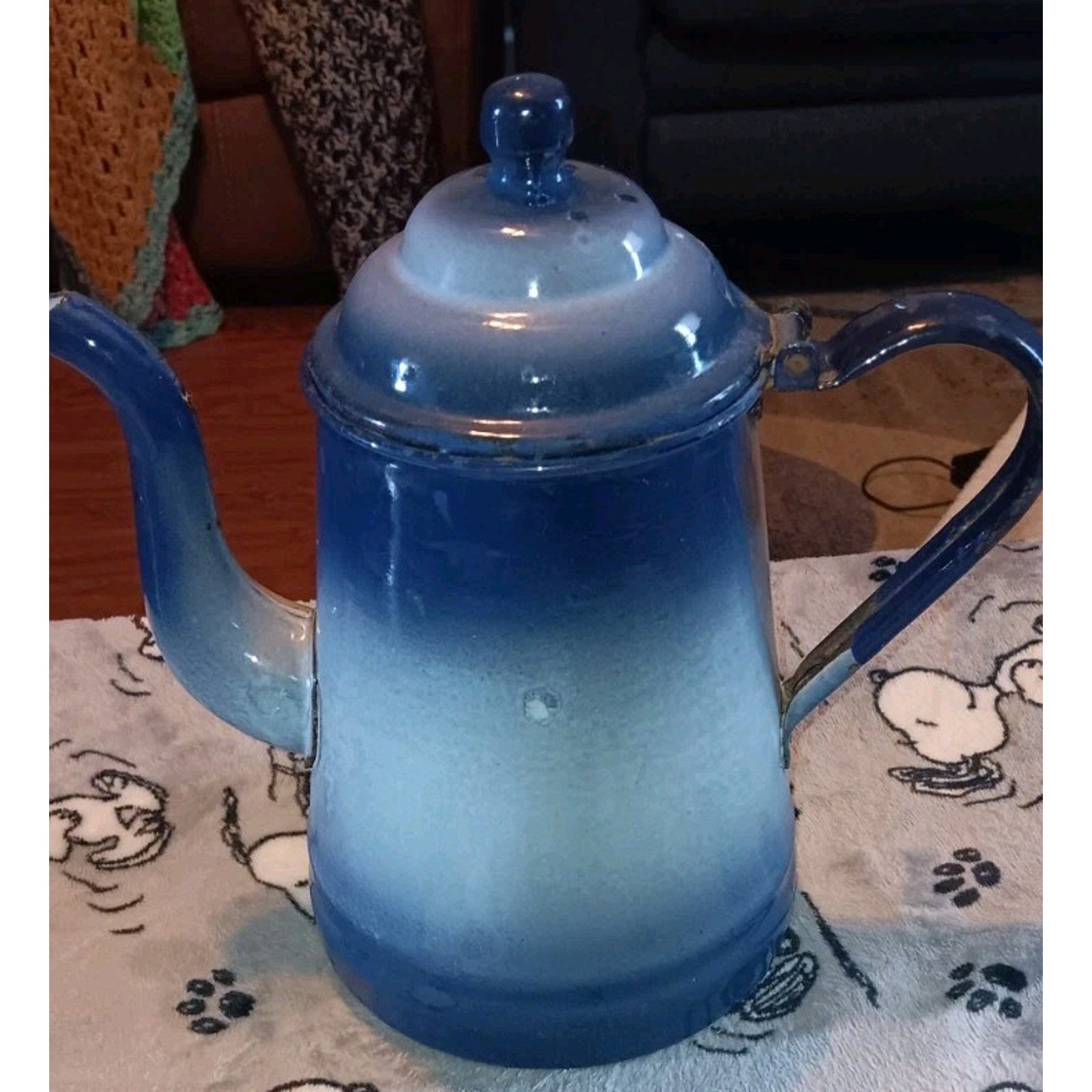 Vintage French Enamelware Cobalt Blue Handpainted Flowers Teapot 1920's Enamel
