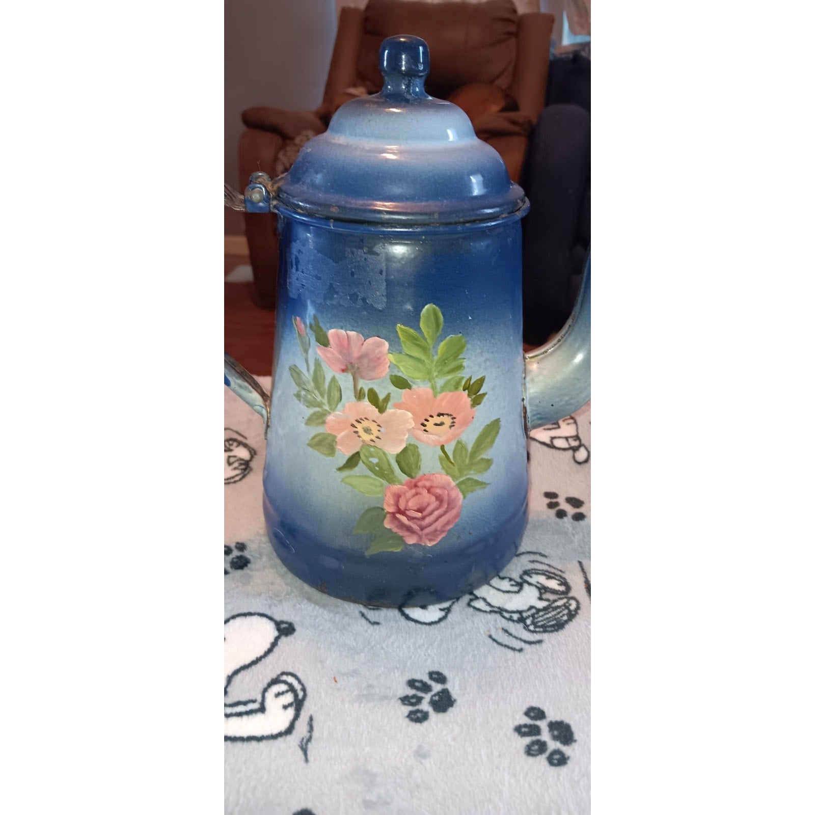 Vintage French Enamelware Cobalt Blue Handpainted Flowers Teapot 1920's Enamel