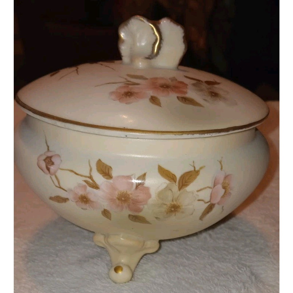 Vintage Nippon Porcelain Footed Covered Powder Bowl Hand Painted Wildflowers