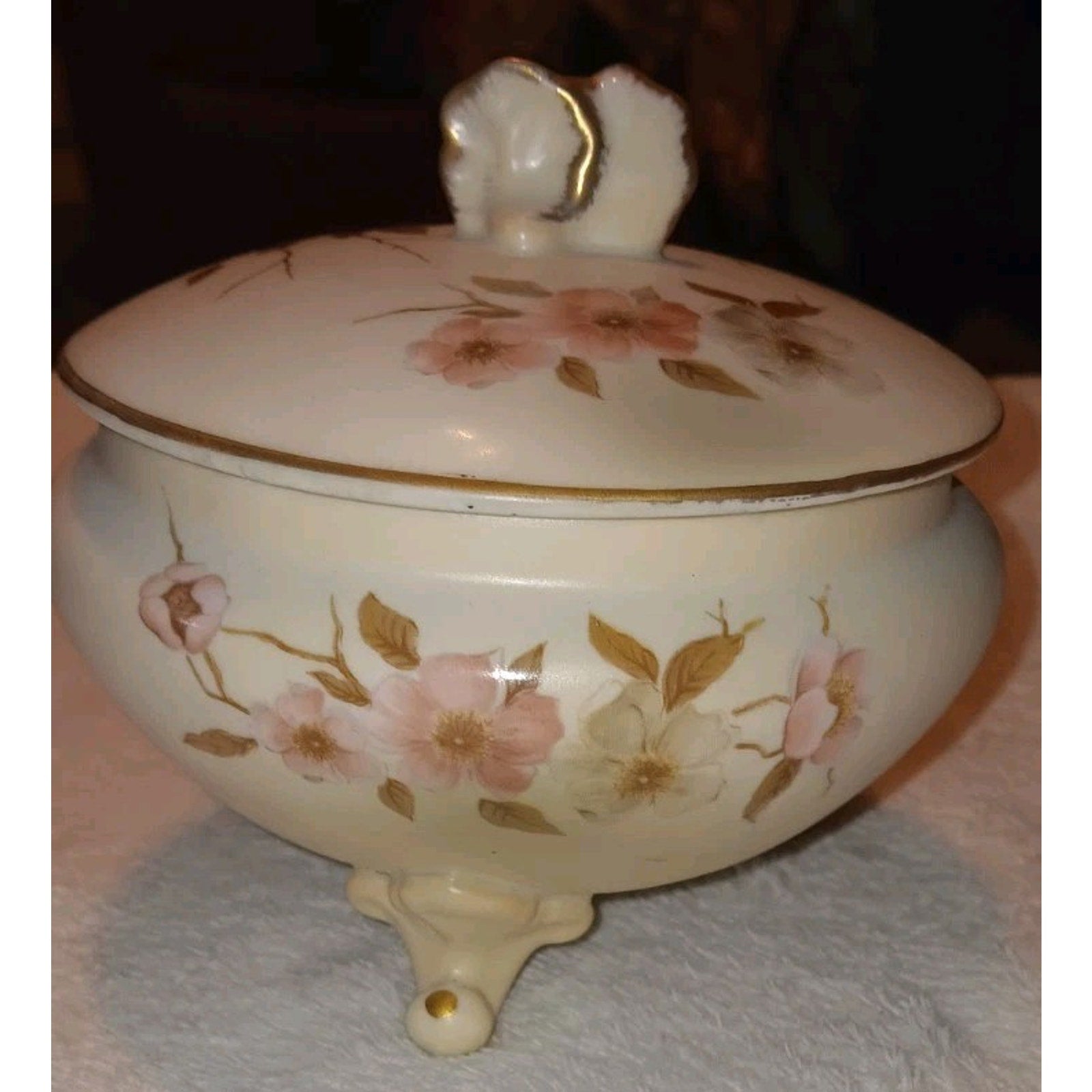 Vintage Nippon Porcelain Footed Covered Powder Bowl Hand Painted Wildflowers
