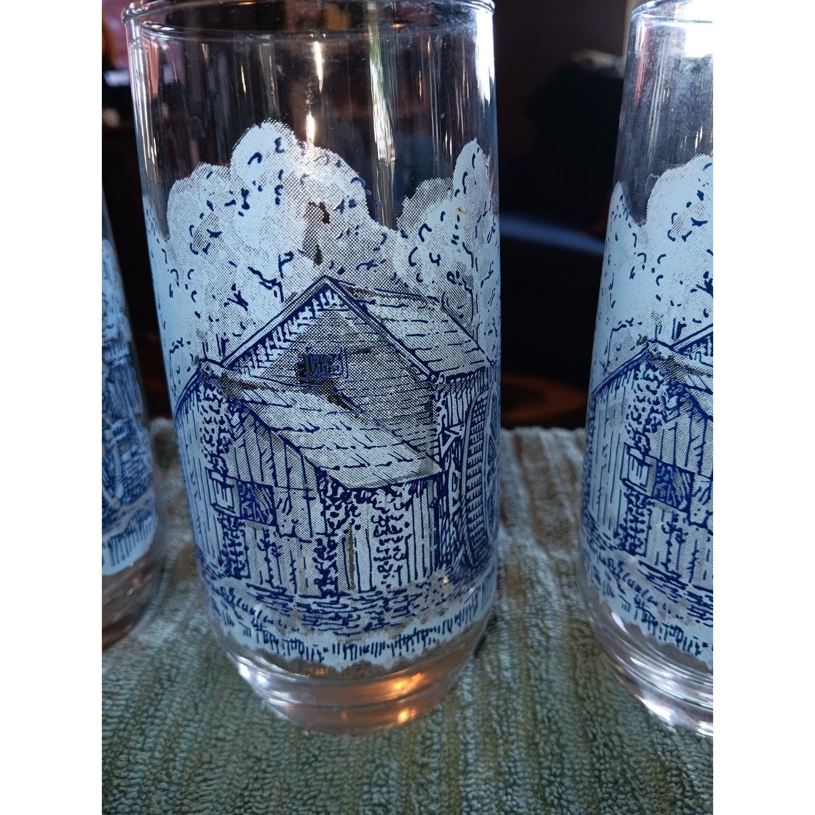 Rare Blue Water Wheel Country Glass Tumbler Set Of 4 - Vintage Great Condition