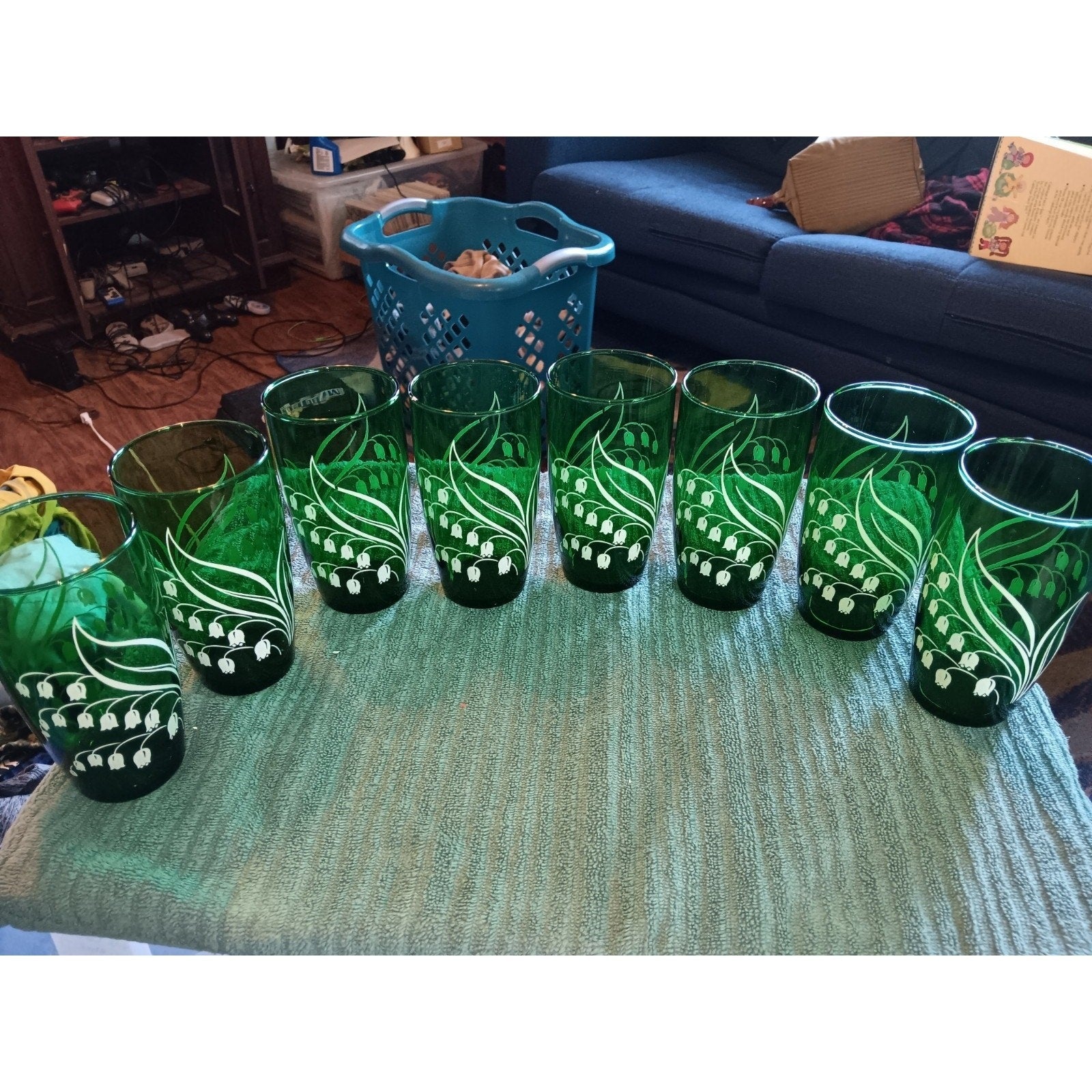Set of 8 MCM Anchor Hocking Lily of the Valley Green Tumblers Glasses