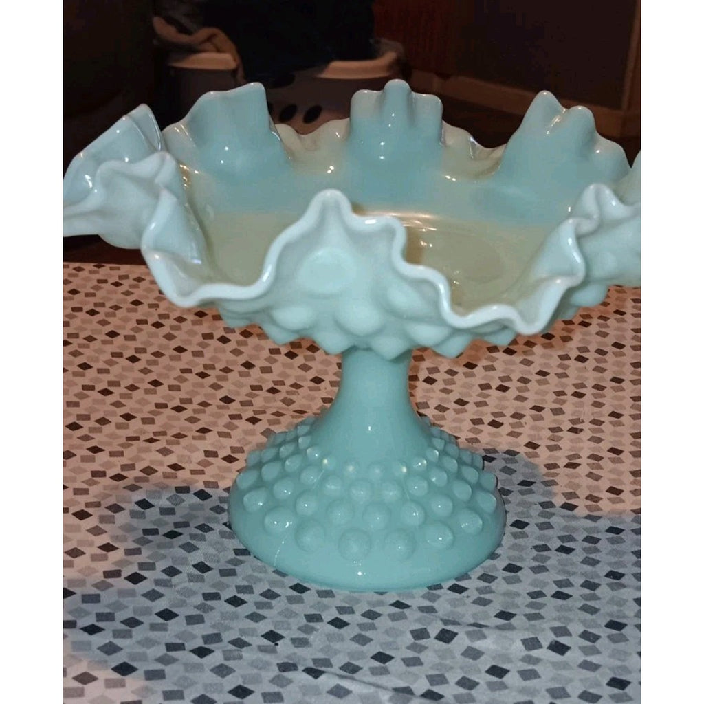 Fenton Hobnail Creamy Green Milk Glass Compote | 5.5" Tall, 8" Crimped Centerpiece