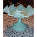 Fenton Hobnail Creamy Green Milk Glass Compote | 5.5" Tall, 8" Crimped Centerpiece