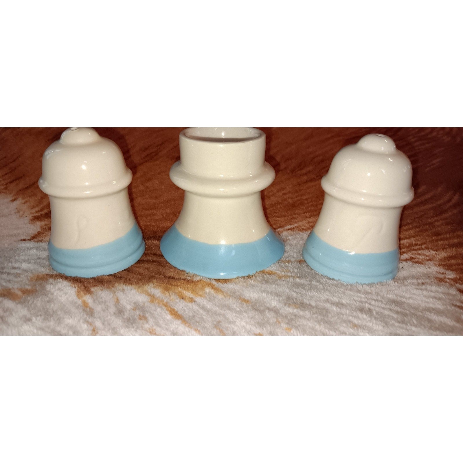 Vintage Blue and White Salt & Pepper Shakers w/ Apple Pattern and Candle Holder