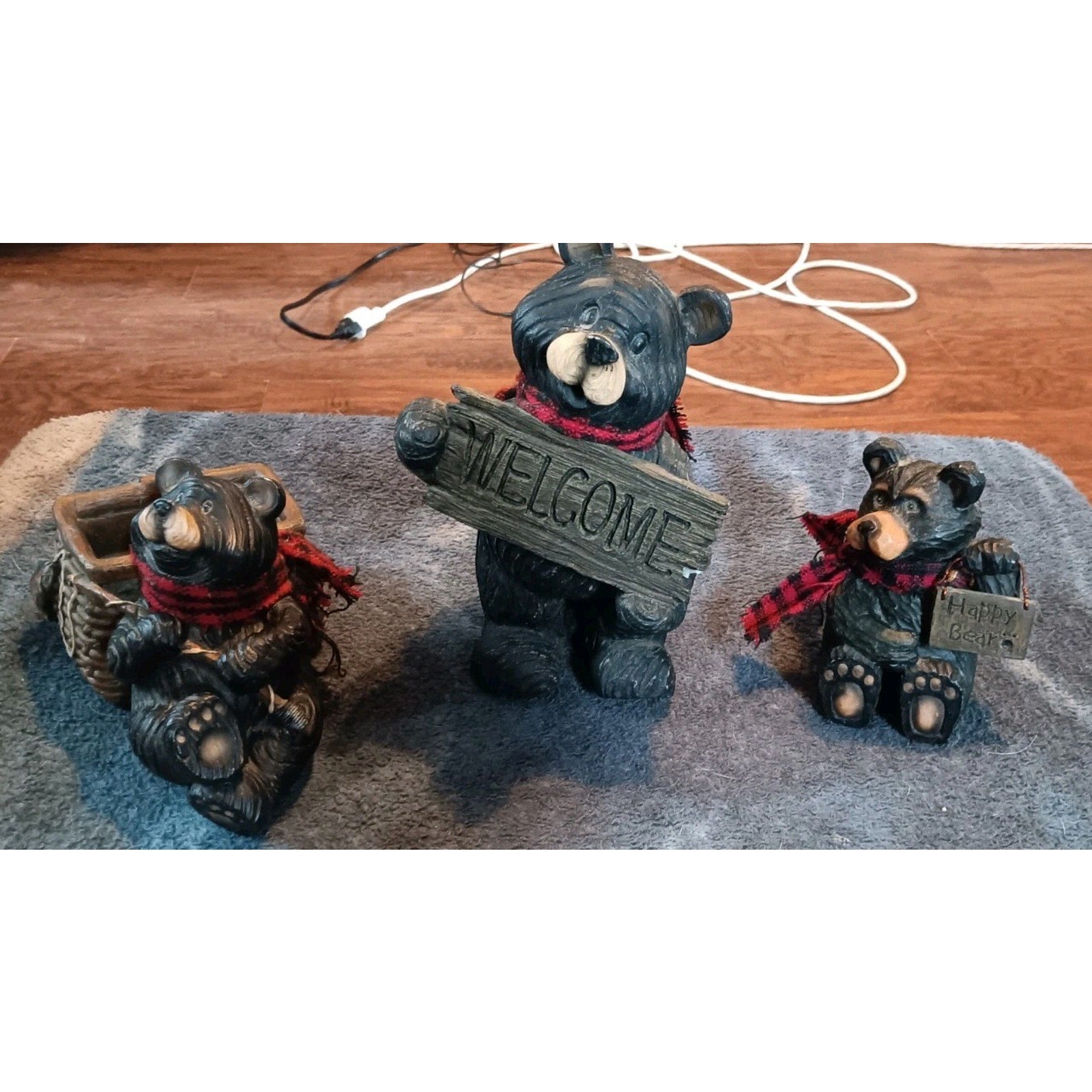 Black Bear Resin Figures Lot of 3 Fish Basket, Welcome Decor, Happy Bear Decor