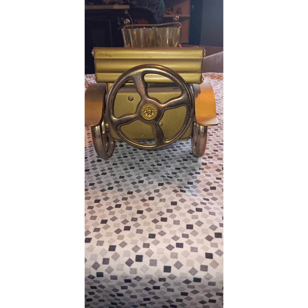 VTG Golden Crown Metal Model T Music Box Bar Car Decanter Set w/ Amber Glass