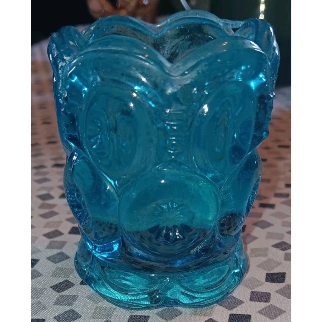 Vintage L E Smith Blue Glass Moon & Stars Toothpick Holder w/Ruffled Bottom