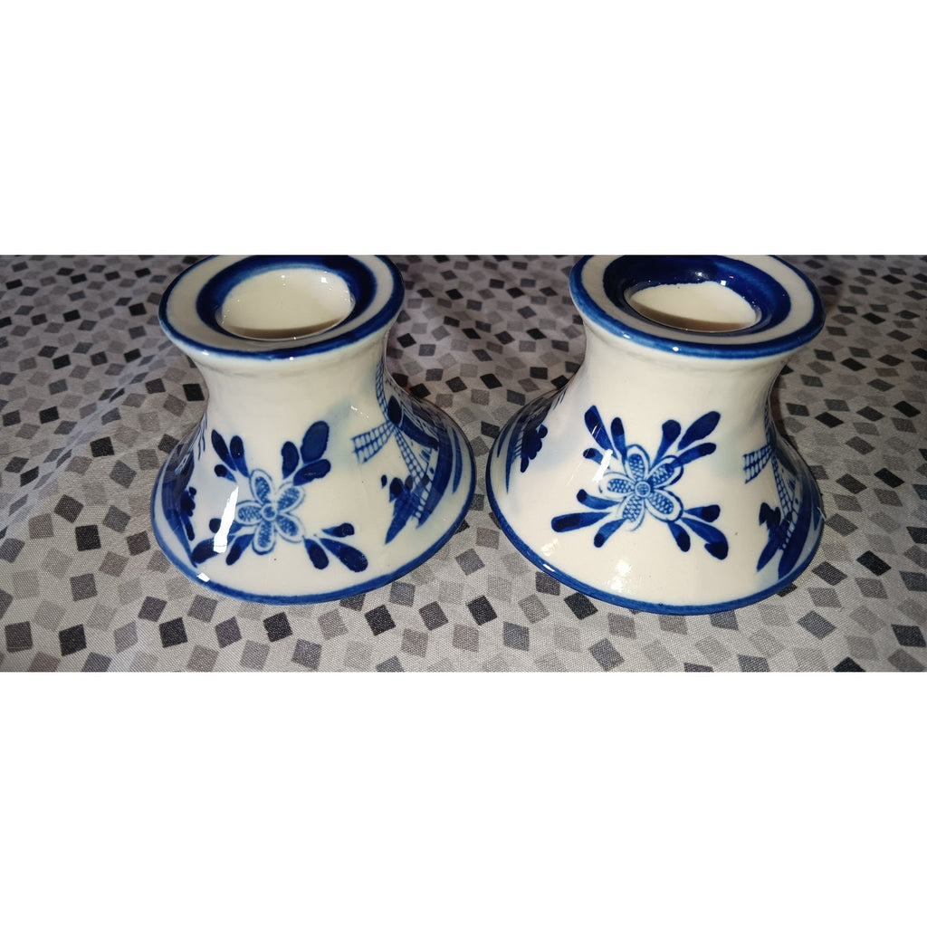 Vtg Ceramic Blue & White Delft Candlestick Holders, Windmill, Holland, Set/2