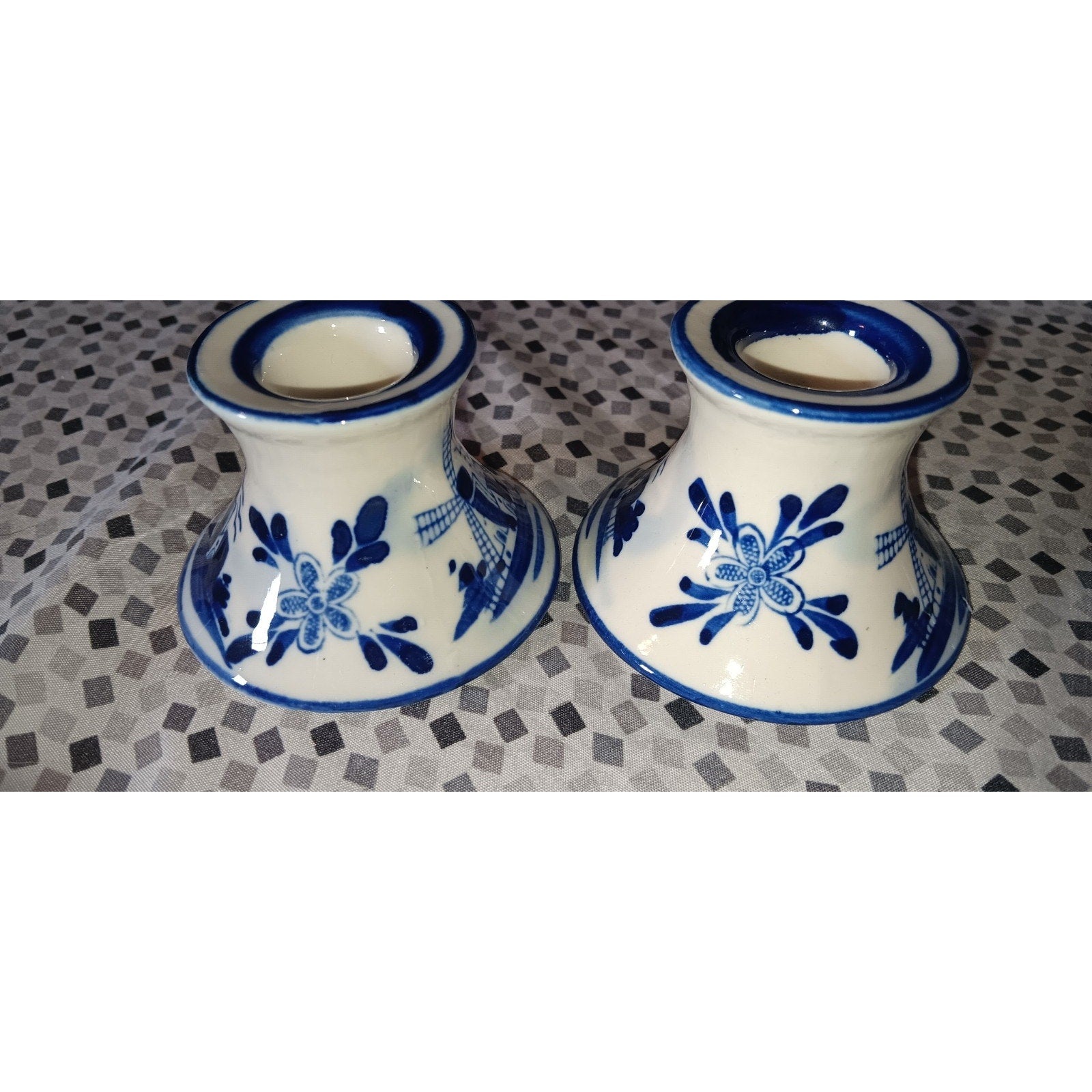 Vtg Ceramic Blue & White Delft Candlestick Holders, Windmill, Holland, Set/2