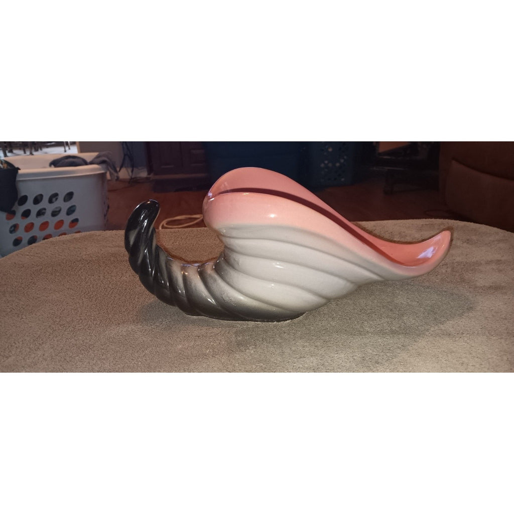 HULL NOVELTY POTTERY GLASS CORNUCOPIA 11" WIDE 4" HIGH, PINK, GRAY, BLACK