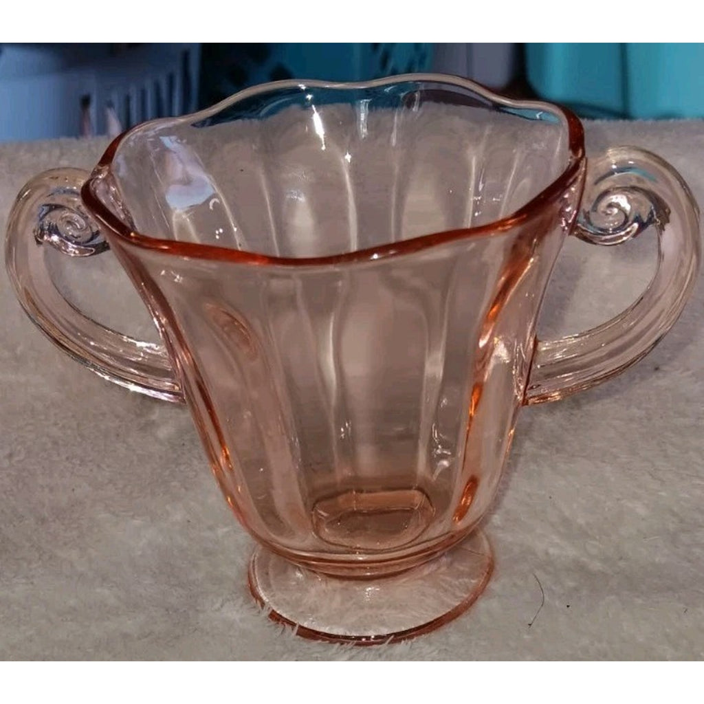Vintage Pink Depression Glass double Handles Sugar Bowl