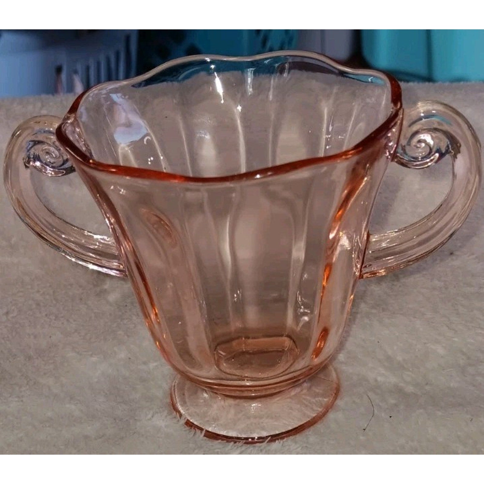 Vintage Pink Depression Glass double Handles Sugar Bowl