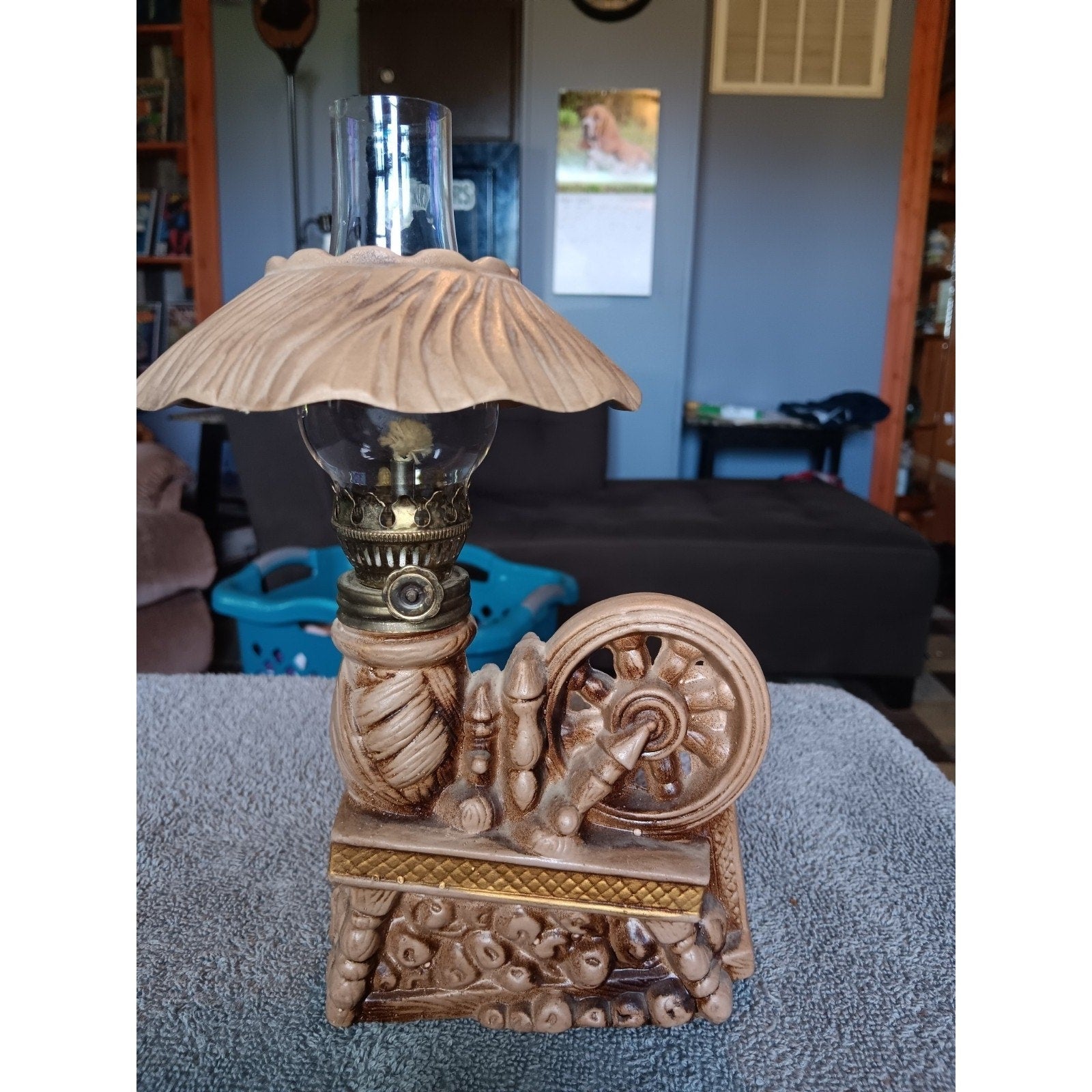 mid century ceramic spinning wheel oil lamp Great Condition Rare Unique Piece