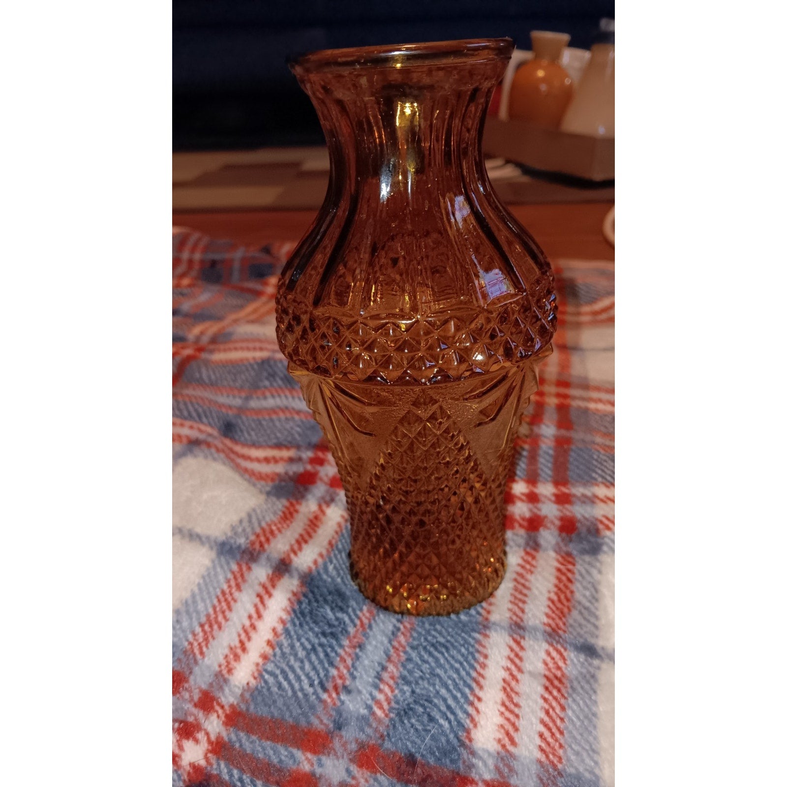 Vintage Amber Glass Vase Diamond Pattern 6.5" Tall. Made In Tiawan