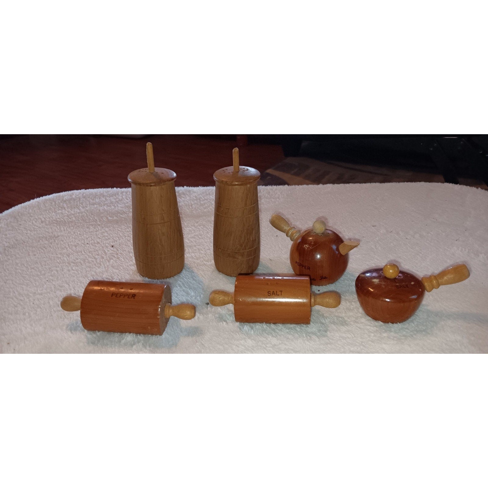 Vintage Wooden Butter Churn, Rolling Pin, And Tea Pot And Pan S&P Shakers Lot